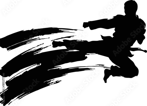 Taekwondo Flying Kick Silhouette. Dynamic Ink Motion Vector for Asian Games 2026