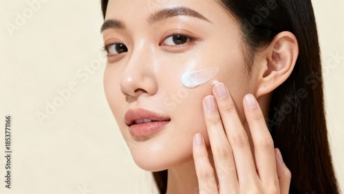 East Asian woman gently applying white cosmetic cream to her healthy, glowing cheek skin using her fingertips.