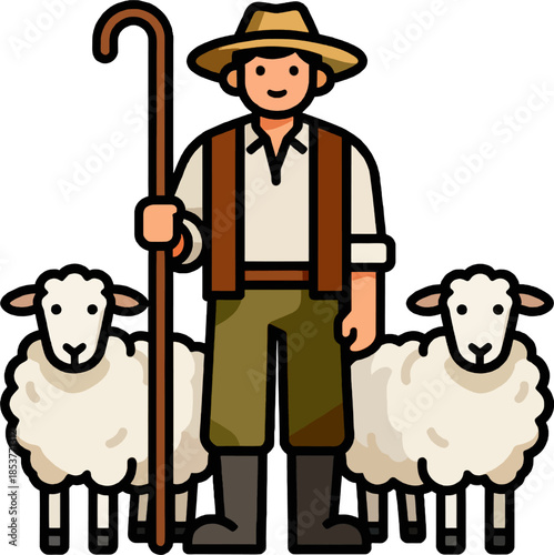 Sheep Shepherd Farmer with Flock – Flat Vector Icon Illustration