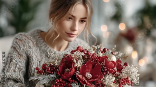 Wallpaper Mural Elegant Woman Appreciating Christmas Floral Arrangement During Festive Season Torontodigital.ca