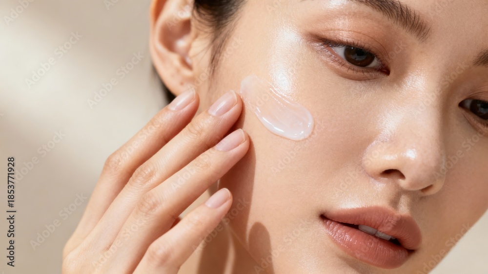 © ibhonk - of young East Asian woman applying a swipe of translucent moisturizer gel on her smooth, healthy cheek skin.