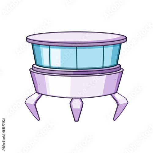 Alien spacecraft depicting a futuristic design with a transparent dome and three claw like landing legs, ideal for concepts of space travel, extraterrestrial life, and science fiction