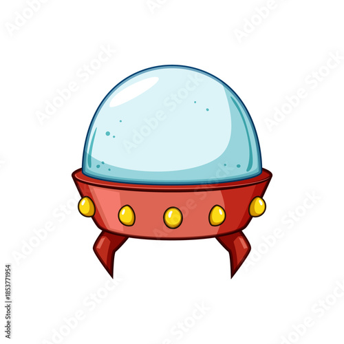 Alien spaceship hovering with its red body and transparent dome, featuring yellow button details and landing gear, representing extraterrestrial travel and science fiction