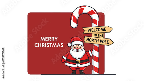A cheerful Santa Claus stands next to a candy cane, holding a sign that welcomes visitors to the North Pole, perfect for holiday greetings and festive designs