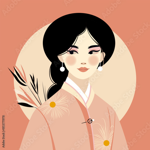 Japanese woman icon. Female Japanese culture. Vector avatar of  portrait japangirl. National kimono traditional costume.