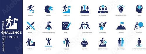 Challenge icon set with goals, obstacles, competition, hurdle, issue, overcome, resolve, rivalry, success, problem solving symbols. clean vector icons for apps, web, business design.