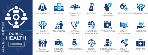 Public health icon set with prevention, hospital, info, patient, signs, wellness, education, appointment, health, safety symbols. clean vector icons for apps, web, healthcare.