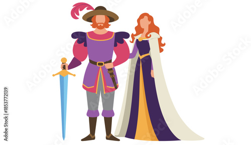 Medieval prince and princess standing together in royal fairytale flat vector illustration