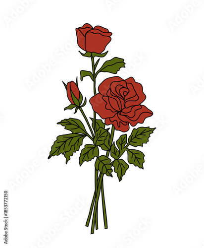 Simple line art illustration of red roses with green leaves on a white background in a clean minimalist botanical style.