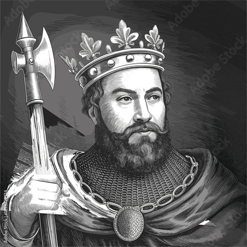 Vintage medieval king portrait vector wearing crown and holding ceremonial battle axe