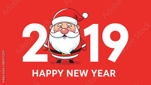 Happy New Year 2019 illustration featuring Santa Claus with text on a red background celebrating the upcoming holiday season