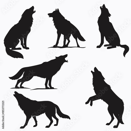 Six wolf silhouettes in various poses