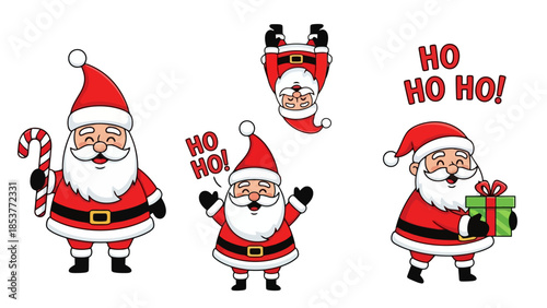Set of Christmas Santa Claus illustrations in different poses holding candy cane, gift, and saying Ho Ho Ho, perfect for holiday designs