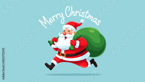 Merry Christmas Santa Claus delivering gifts illustration with green sack on light blue background