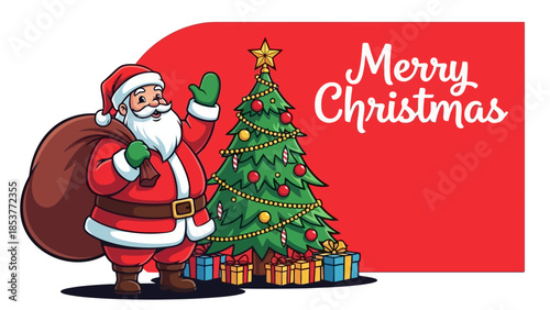 Merry Christmas illustration featuring Santa Claus with his gift bag and a decorated Christmas tree with presents underneath