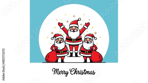 Three Merry Santas with Gifts and Stars, Festive Christmas Illustration