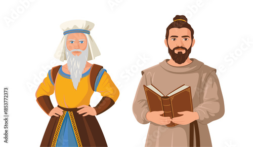 Fairytale magic sorcerer and religious scholar isolated on white background for story