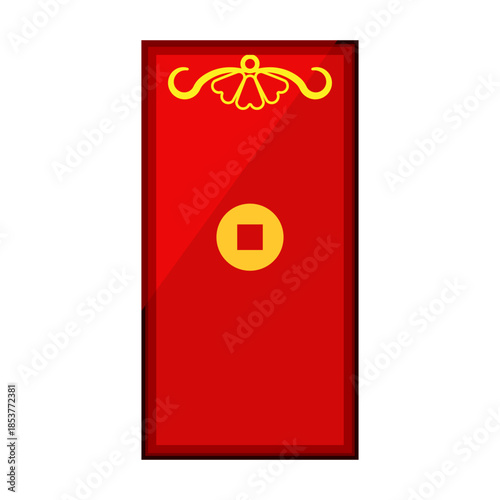 Angpao red envelope depicting a gold traditional coin and decorative swirl, symbolizing good luck and prosperity during chinese new year and festive celebrations