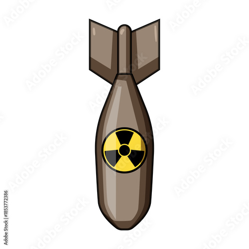 Atomic bomb cartoon illustration featuring a prominent radiation symbol on its casing, depicting concepts of nuclear warfare, military threat, danger, power, and global destruction