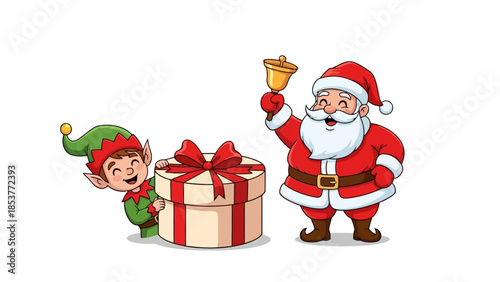 Santa Claus with Elf ringing Bell beside Gift Box, Festive Celebration Illustration