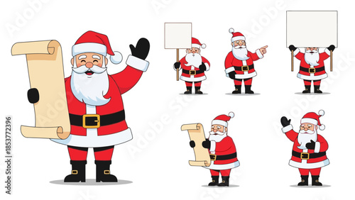 Collection of Festive Santa Claus Illustrations Holding Scrolls and Blank Signs, Perfect for Holiday Greetings and Promotional Materials