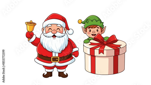 Christmas Characters Santa Claus with a Bell and an Elf Beside a Gift Box, Holiday Celebration