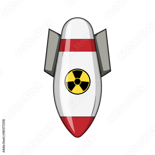 Atomic bomb illustration, featuring a distinctive red stripe, fins, and a prominent nuclear radiation symbol, representing concepts of danger, threat, conflict, and global security