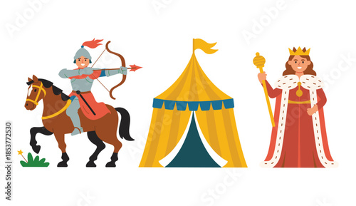 Cartoon fairytale characters with brave knight archer monarch and yellow camping tent