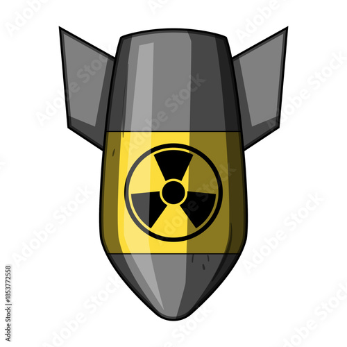 Atomic bomb cartoon illustration featuring the international radiation hazard symbol, depicting concepts of nuclear power, danger, war, global conflict, and potential widespread destruction
