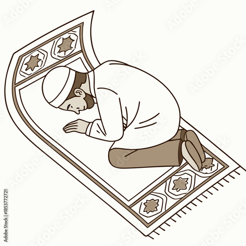 Person performing islamic prayer on prayer rug