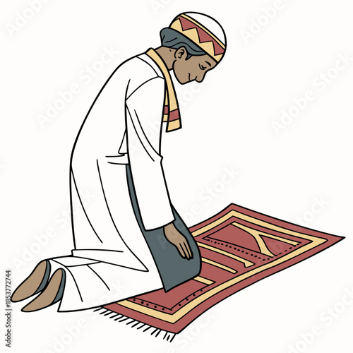 Man kneeling in prayer on a prayer rug