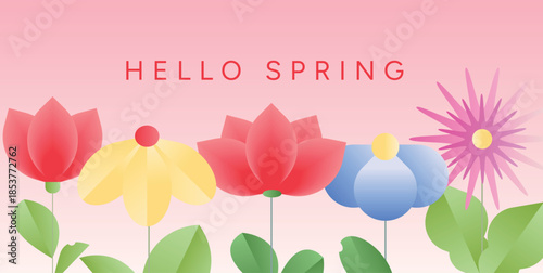 Hello Spring Floral Banner with Pastel Flowers, Leaves, Pink Gradient Background. Greeting Card, Poster, Web Banner Template for Print, Wrapping. Flat Vector Illustration, Geometric Style.