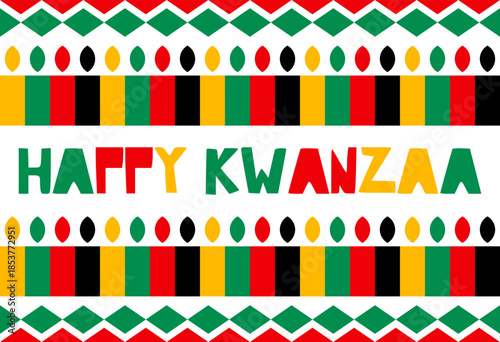 Happy Kwanzaa vector greeting banner featuring traditional Pan-African colors, geometric patterns. Ideal for cultural events, posters, social media and educational designs celebrating African heritage