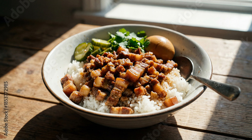 Taiwanese Braised Pork Rice (Lu Rou Fan) Served in a Bowl on a Rustic Wooden Table