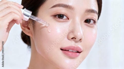 Gorgeous young woman applying moisturizing clear skin serum using a glass pipette dropper onto her glossy cheek.