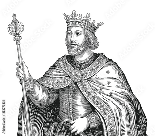 Vintage monarch king vector illustration wearing crown and royal ermine fur cape