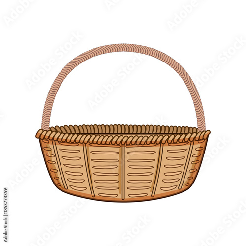 Empty woven wicker basket illustrating a traditional container for carrying items, shopping, or collecting gifts for holidays like easter, depicting a simple brown design with a sturdy handle