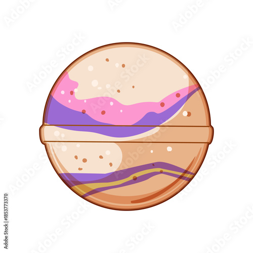 Round purple and pink bath bomb illustration, layered pastel design depicting a trendy effervescent self care product for relaxing, bubbly, spa inspired bath time indulgence