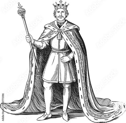 Detailed black and white royal king character holding scepter for historical design