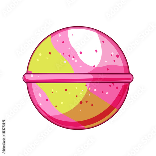 Round bath bomb illustration featuring pink, yellow, and brown colors with speckles, representing self care, spa treatment, and a luxurious bathing experience