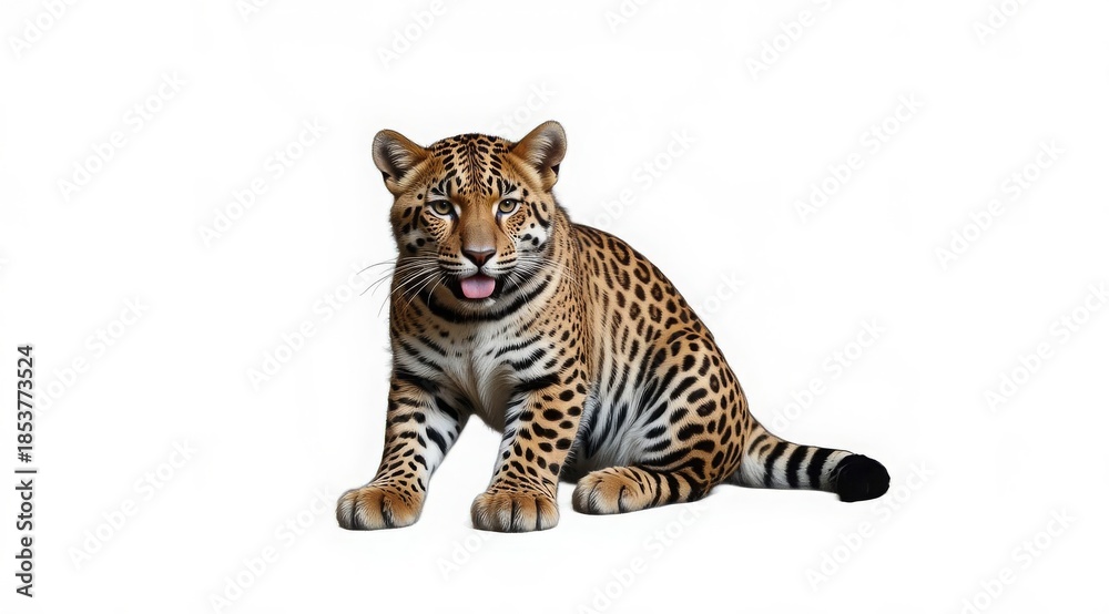 Obraz premium A leopard with bright orange and black spots and a piercing green gaze, on a white background. Perfect for fashion, luxury brands, or nature-inspired designs