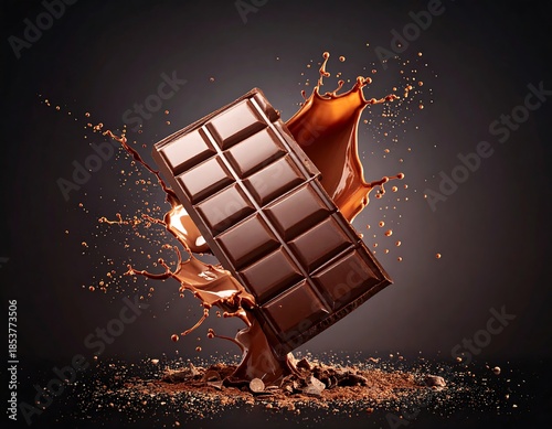 Rich chocolate bar with molten chocolate splashing dramatically
