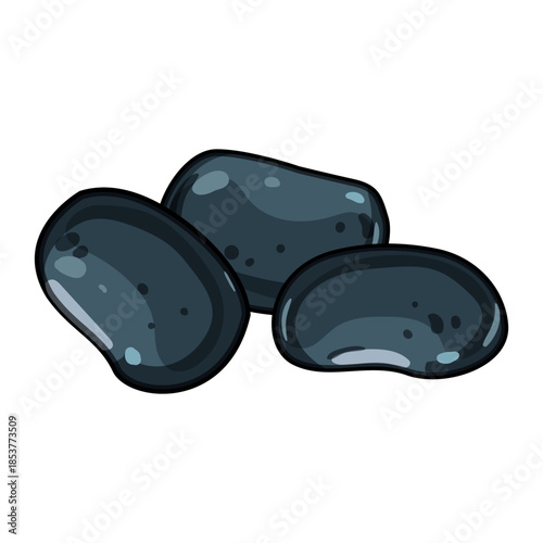 Dark, glossy black jelly beans illustrating a popular confectionery snack, providing a sweet flavor and chewy texture, isolated on a clean white background