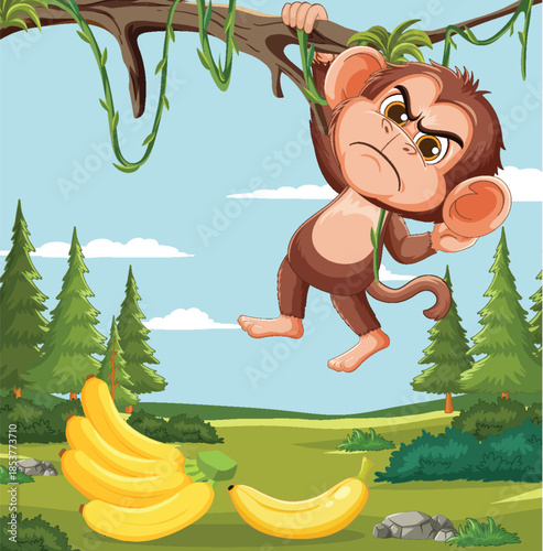 Angry Monkey Hanging From Tree Over Bananas