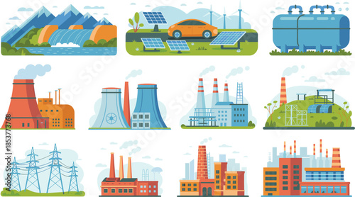 Energy production and industrial power plants illustration set showing renewable and traditional sources, electricity infrastructure, sustainability and modern flat design concepts