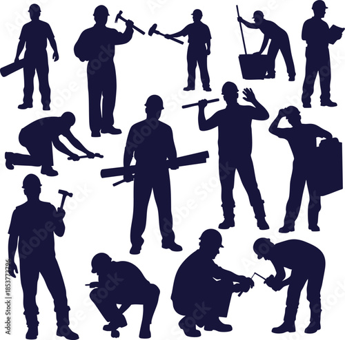 Dynamic Set of Construction Worker Silhouettes, Portraying Manual Labor, Building Professions, and Essential Industry Concepts