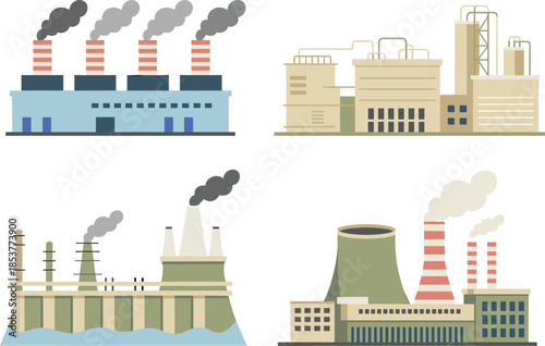 Industrial power generation illustration showing thermal chemical hydro and nuclear plants, energy production facilities, electricity infrastructure, flat minimalist design