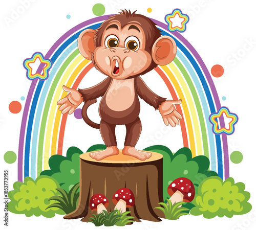 Cartoon Monkey Singing on Tree Stump with Rainbow