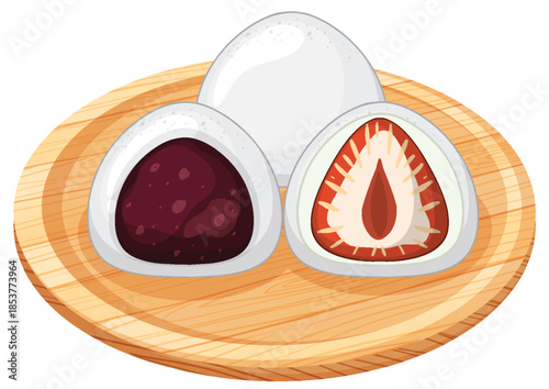 Japanese Mochi with Red Bean and Strawberry Filling on Plate