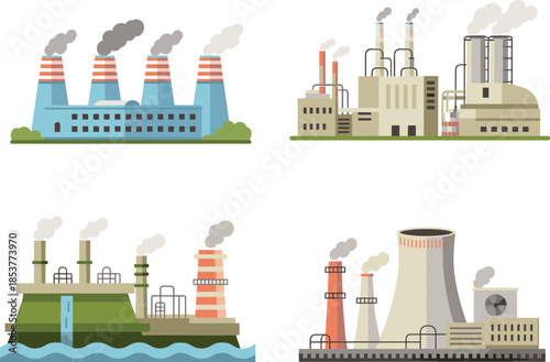 Industrial power generation illustration showing thermal chemical hydro and nuclear plants, energy production facilities, electricity infrastructure, flat minimalist design